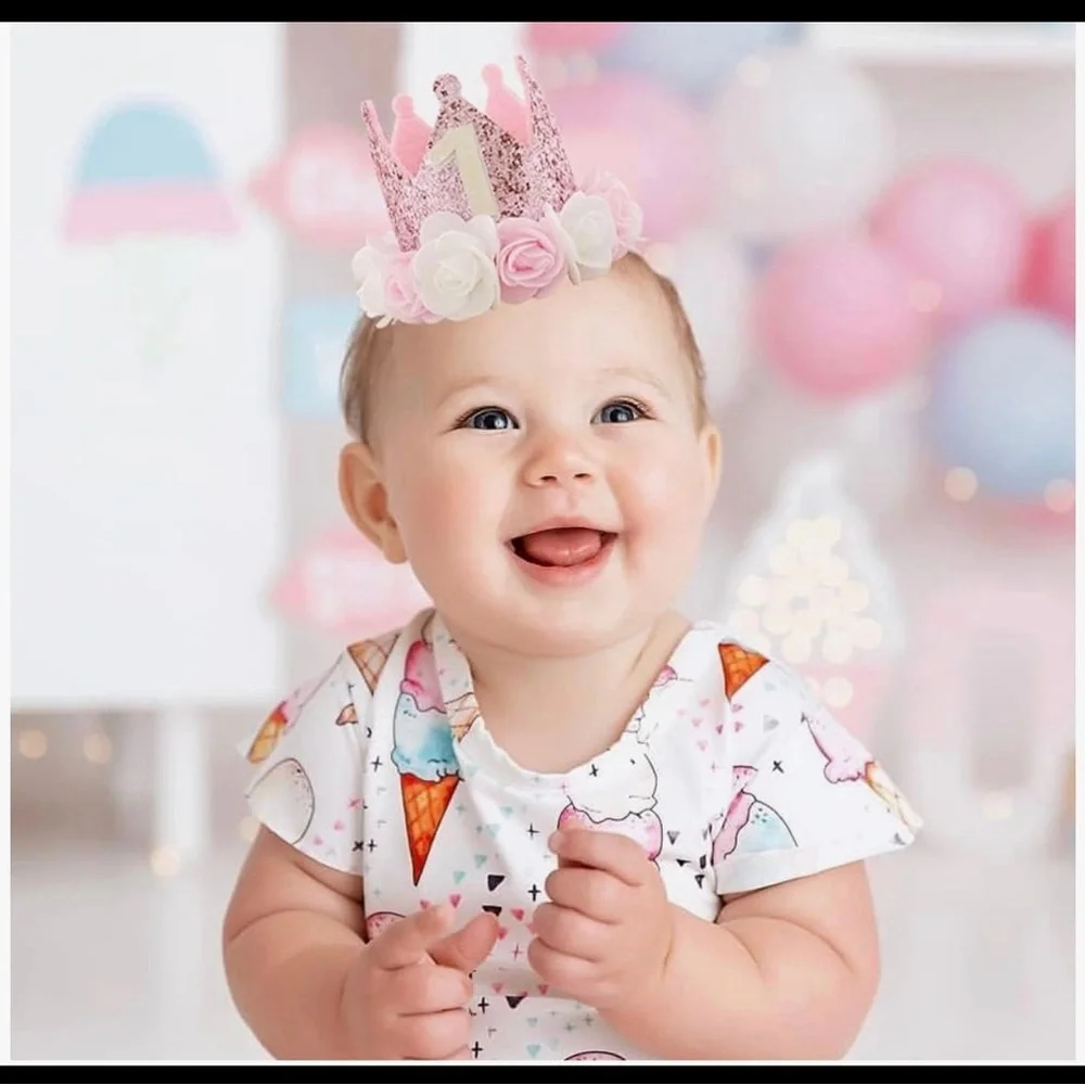 Pink Glitter 1st Birthday Crown with Roses
